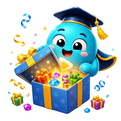 The mascot opening a glowing gift box